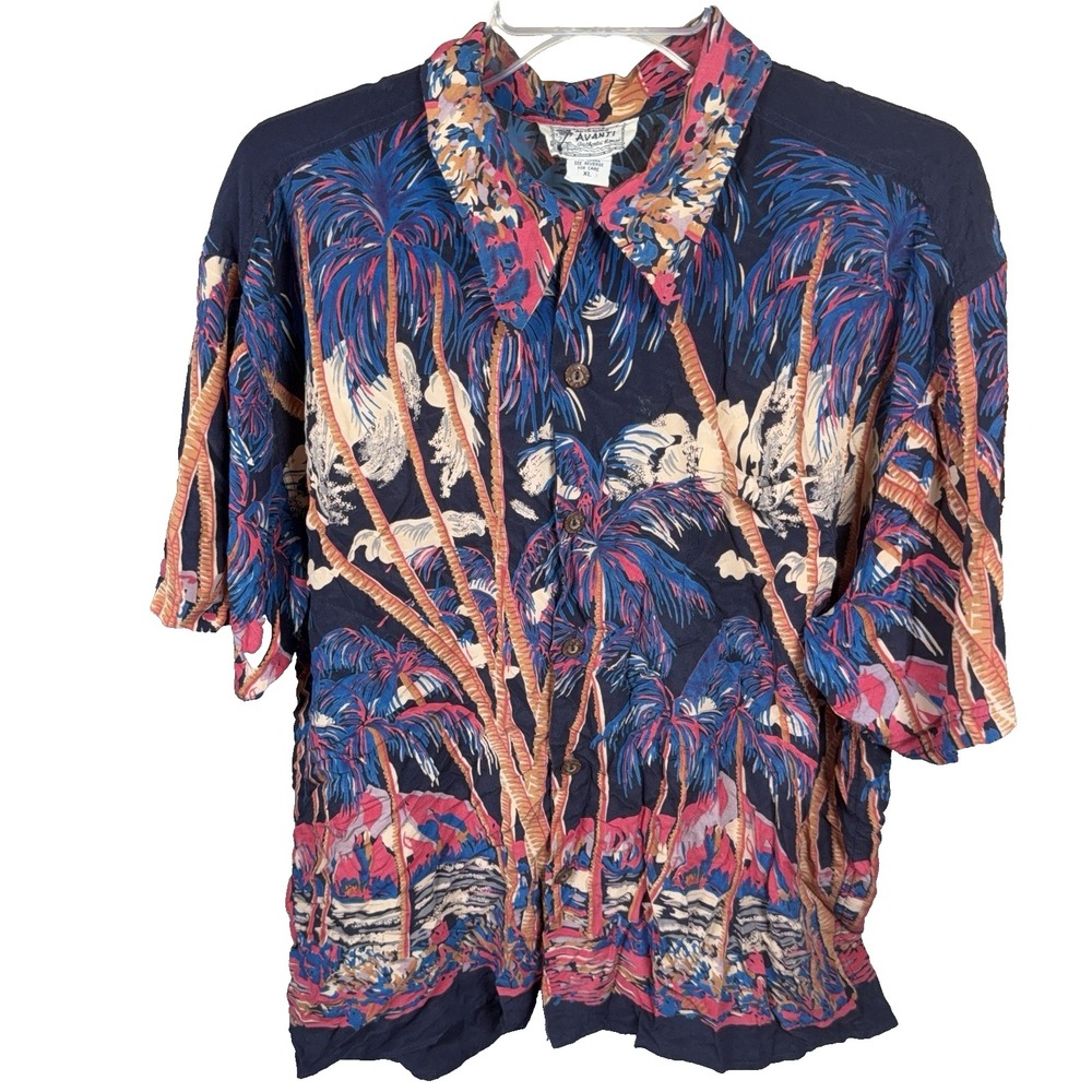 Vintage Avanti Hawaiian Shirt Men's XL 100% Silk Floral Abstract Loop Collar Art